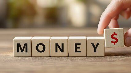 Wooden blocks spelling the word "MONEY" with a hand placing the last block featuring a red dollar sign, finance and business concept.