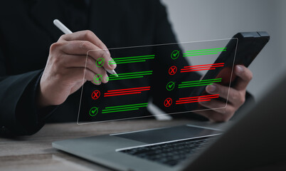 Businessman using digital checklist interface with green check marks and red cross marks for task management, evaluation, productivity, and business technology.
