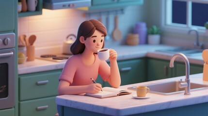 3D cartoon character illustration of a woman enjoying a mindful morning routine, writing in a journal with coffee in a warm kitchen. Concept of self-care, creativity, and focused work from home.