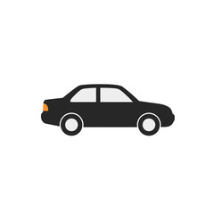 A clean, minimalist illustration of a black sedan car with white wheels and tinted windows, presented in a side profile against a stark white background.