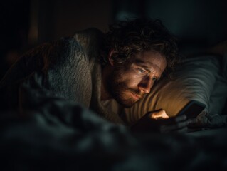 A man lying in bed at night, illuminated only by the soft glow of his phone screen, focused expression, texting in the dark, moody atmosphere, cinematic lighting, generated image