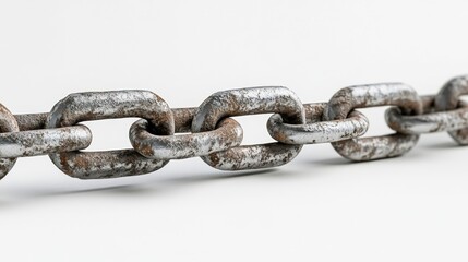 Macro Shot of Broken Metal Chain Link on White Background with Detailed Texture and Crack