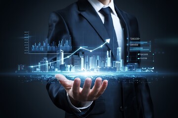 Business hand showing futuristic skyline with finance graph, smart city concept, economic growth, investment planning, real estate tech, digital economy, data trend.