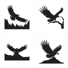 Eagle Silhouettes Collection – Silhouettes of majestic eagles in flight and perched on branches – Silhouettes of Eagles Soaring, Perching, and Standing on Rocks