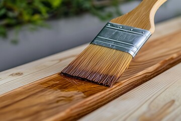 Paintbrush applying wood stain or varnish onto natural pine wood surface.