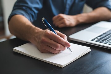 Close-up hand writing on notebook with pen next to laptop. Education, business planning, journaling setup with modern workspace productivity and creative thinking.
