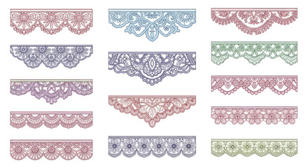 A beautiful collection of colorful handdrawn lace border trims.