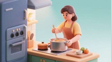 Cute 3D cartoon character woman cooking soup in a cozy home kitchen. Concept of homemade food, healthy lifestyle, joy of cooking and simple pleasures.