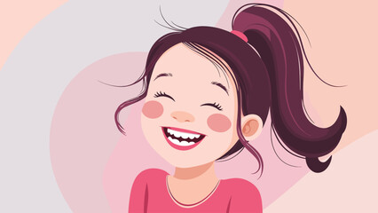 Happy cartoon girl laughing. Joyful animated kid with a big smile and ponytail. Cheerful child character illustration.