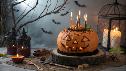 Halloween scary pumpkin cake and halloween candles. halloween background.