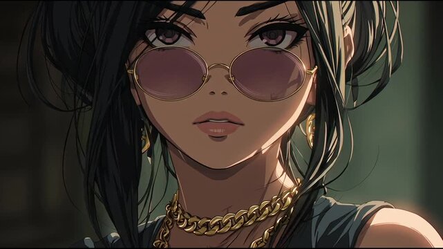 a attractive woman twixtor, sunglasses transparent wearing anime, chain --motion up, neck, spy around background cute, 4k, gold intense x family, hd An close 91_51 high her and 1_4K_10s 25694271 1