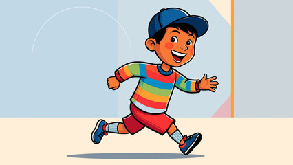 Happy cartoon boy running in colorful clothes. Energetic child playing with a joyful smile. Childhood activity illustration.