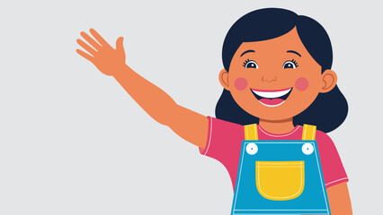 Happy cartoon girl waving hand, friendly kid character illustration