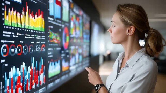 Data Analysis Insights: A focused woman analyzes an interactive display of intricate data visualizations, reflecting the dynamism and intelligence of modern analytical exploration. 