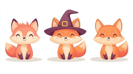 Three cute cartoon foxes with happy expressions