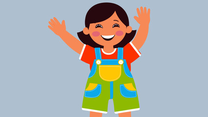 Cute cartoon girl with raised arms and big smile, joyful kid character illustration in colorful clothes on blue background, flat vector design