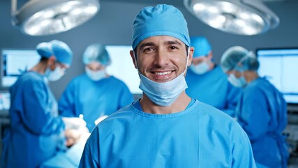 Surgeons in blue uniforms focus on a patient as surgeons collaborate in a busy operating room. The surgeons and medical equipment highlight the surgeons' teamwork and precision. - Powered by Adobe