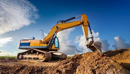 Obraz premium crawler excavators are digging the soil in the construction site on sky cloud background