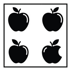 Simple black and white graphic design of four apples including one partially eaten apple in a square grid arrangement perfect for food health and produce themes silhouette