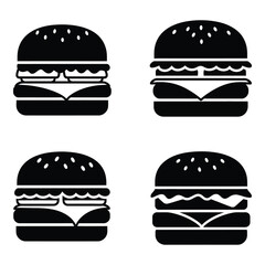 Four distinct burger icons representing fast food deliciousness and classic american diner menu choices offering savory options silhouette