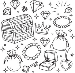 Treasure chest with crown, key, diamonds and jewelry isolated on white background