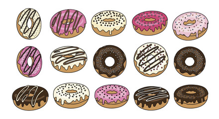 Set of assorted sweet donuts with colorful glaze and sprinkles isolated on a white background.