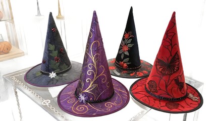 Five enchanting witch hats displayed. element set on transparent background