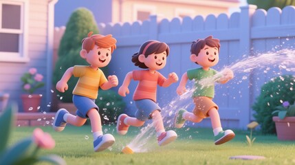 Soft 3D claymation illustration of joyful kids running through water splashes in a backyard at sunset. Concept of happy childhood, friendship, and summer fun.