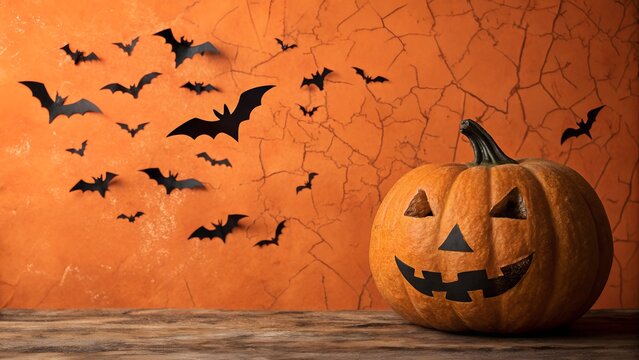 Halloween background with bats and a pumpkin on an orange textured backdrop