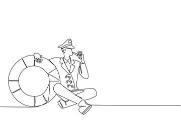 Single continuous line drawing captain of ship sit cross legged on floor smoking tobacco pipe hugs a buoy. Classic style is still cool. Do not Give Up the Ship Day. One line design vector illustration