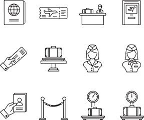 Airport elements isolated on white background in a line art style