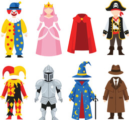Collection of colorful costume and disguise isolated on white background