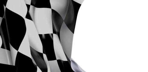 Elegant image of a black and white checkered racing flag waving, isolated on white. Perfect for motorsport, victory themes and design.  Symbolic
