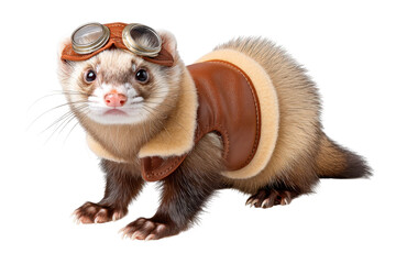 Curious ferret in aviator gear ready for sky adventures, isolated on transparent background