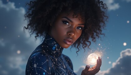 Naklejka premium Woman holding a glowing moon in a starry night sky