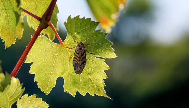 immature leafhopper rests on a grapevine