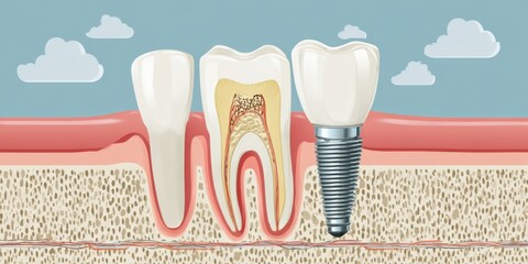 Vector-style illustration of dental implant procedure, cross-section view showing titanium screw anchored in jawbone. Detailed anatomical illustration of a dental implant integrated into the jawbone, 