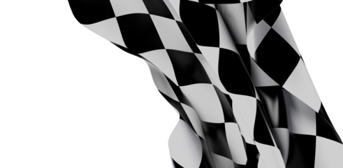 Dramatic studio shot of a checkered racing flag waving in front of a clean white backdrop. Concept of speed, success, and finishing first.