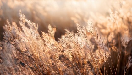 background with beige dried flower dry grass in field in rays of sun