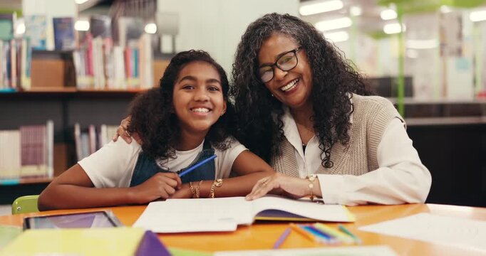 Woman, child or teaching at library with books, happy or laughing on session break. Support, teacher or student in study room with homework, tablet and connection for childhood skill development.
