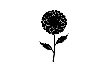 Black flower with stem and leaves on transparent background silhouette