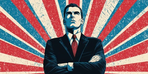 Heroic illustrated portrait of a veteran standing proudly before the US flag at sunse. Bold illustration of a confident leader in a suit and tie, arms crossed, set against a dynamic red, white, blue