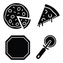 Collection of four black and white pizza icons including a whole pizza pizza slice pizza box and pizza cutter silhouette
