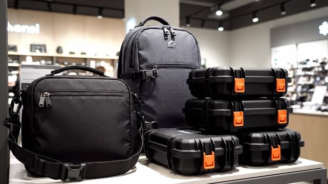 A backpack and case with the backpack displayed in a store. The store shelves are filled with cases and a shopper browses behind the backpack and case display.