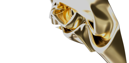 A close-up shot of flowing, golden fabric with a shimmering texture against a white background. The drapes suggest elegance and luxury, perfect