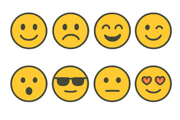 Fototapeta premium Set of eight yellow smiley faces expressing a wide range of human emotions