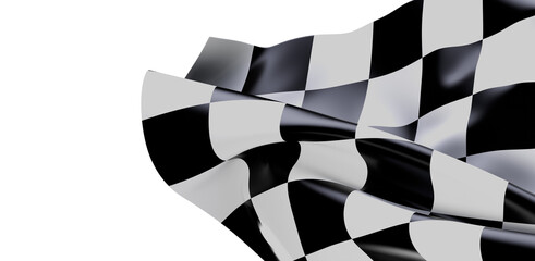 Close-up shot of a checkered flag waving in the wind against a clean white background. Perfect for illustrating concepts of competition, victory