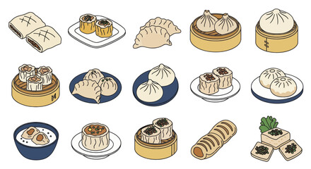 Isometric Illustration Set of Various Chinese Dim Sum Dishes 1.
