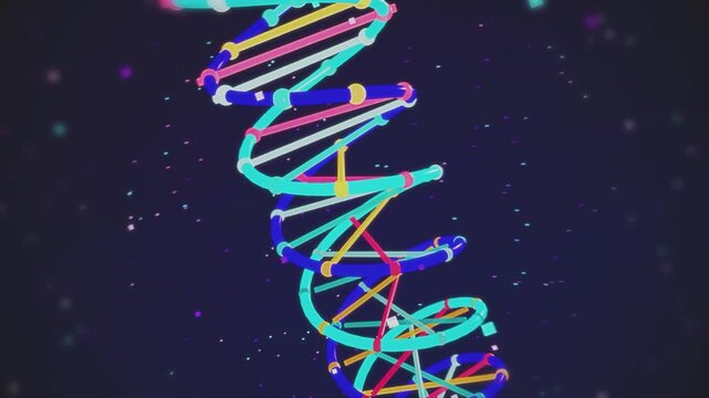Colorful DNA double helix animation rotating with genetic code structure. Medical biotechnology visualization of chromosome strands and gene sequencing in seamless looping motion.