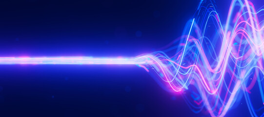 Bigdata light speed data flow wave side view. Abstract digital data stream of quantum computing. Cyberspace of qubit trails. Modern tech information transmission.